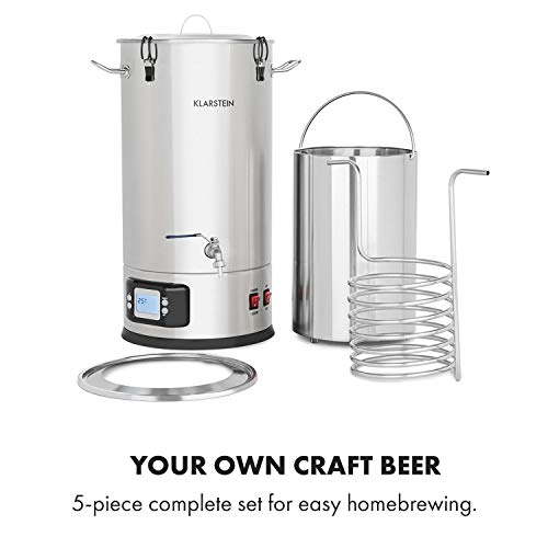 KLARSTEIN Maischfest Beer Brewing Kettle - Mash Tun, 5-Piece Brewing Equipment Set, 1000W & 1600W Power, LCD Display, Touch Control Panel, Temperature, 7.9 Gallon (30 Litre), Stainless Steel