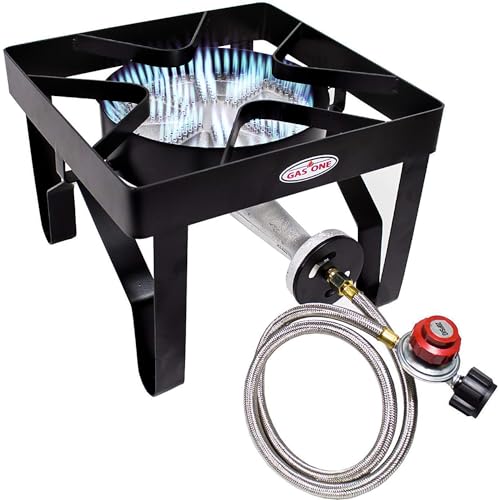 GasOne 200, 000 BTU Square Heavy- Duty Single Burner Outdoor Stove Propane Gas Cooker with Adjustable 0-20Psi Regulator & Steel Braided Hose