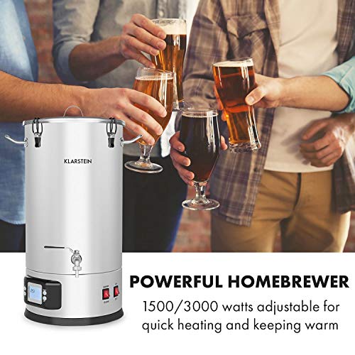 KLARSTEIN Maischfest Beer Brewing Kettle - Mash Tun, 5-Piece Brewing Equipment Set, 1000W & 1600W Power, LCD Display, Touch Control Panel, Temperature, 7.9 Gallon (30 Litre), Stainless Steel